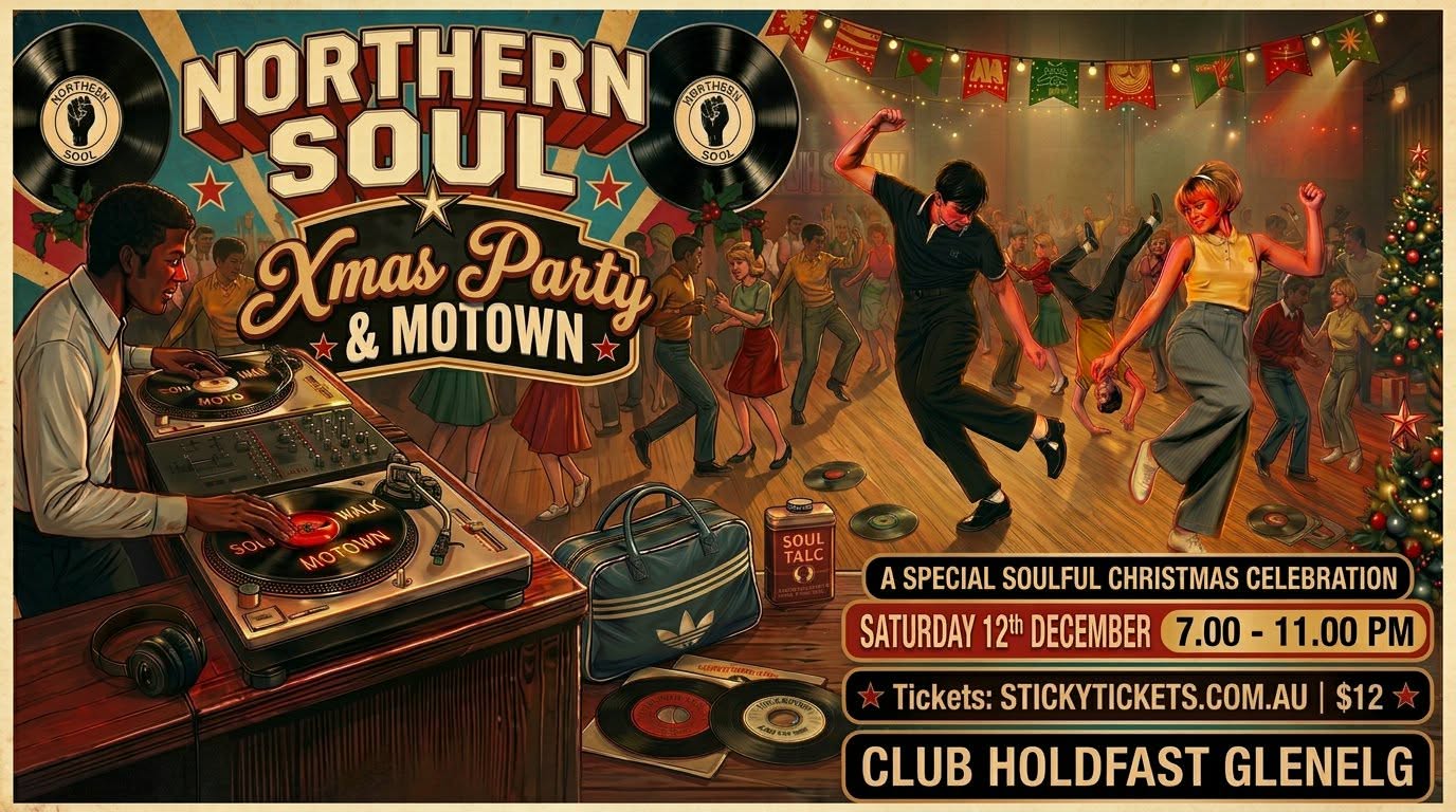 Northern Soul & Motown SA Xmas Party poster — Saturday 12 December 2026, 7:00 PM–11:00 PM, Club Holdfast, 583 Anzac Highway, Glenelg North SA 5045. Admission $12.00.